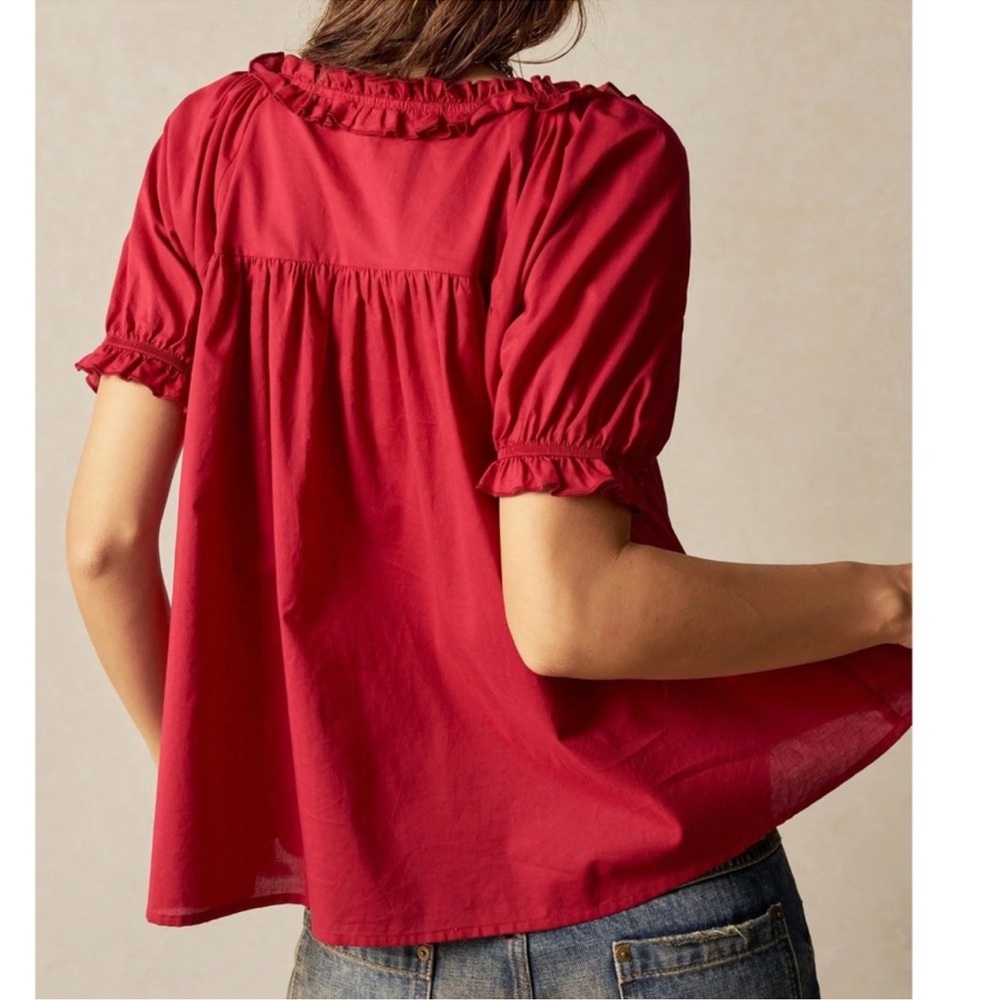 Solid Red Ruffle Puff Sleeve Button Down Oversize… - image 5